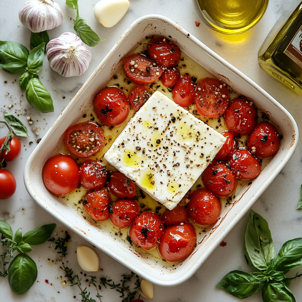 Preparation of Baked Feta Pasta with a block of feta cheese, fresh cherry tomatoes, garlic, and olive oil in a baking dish on a kitchen countertop.
