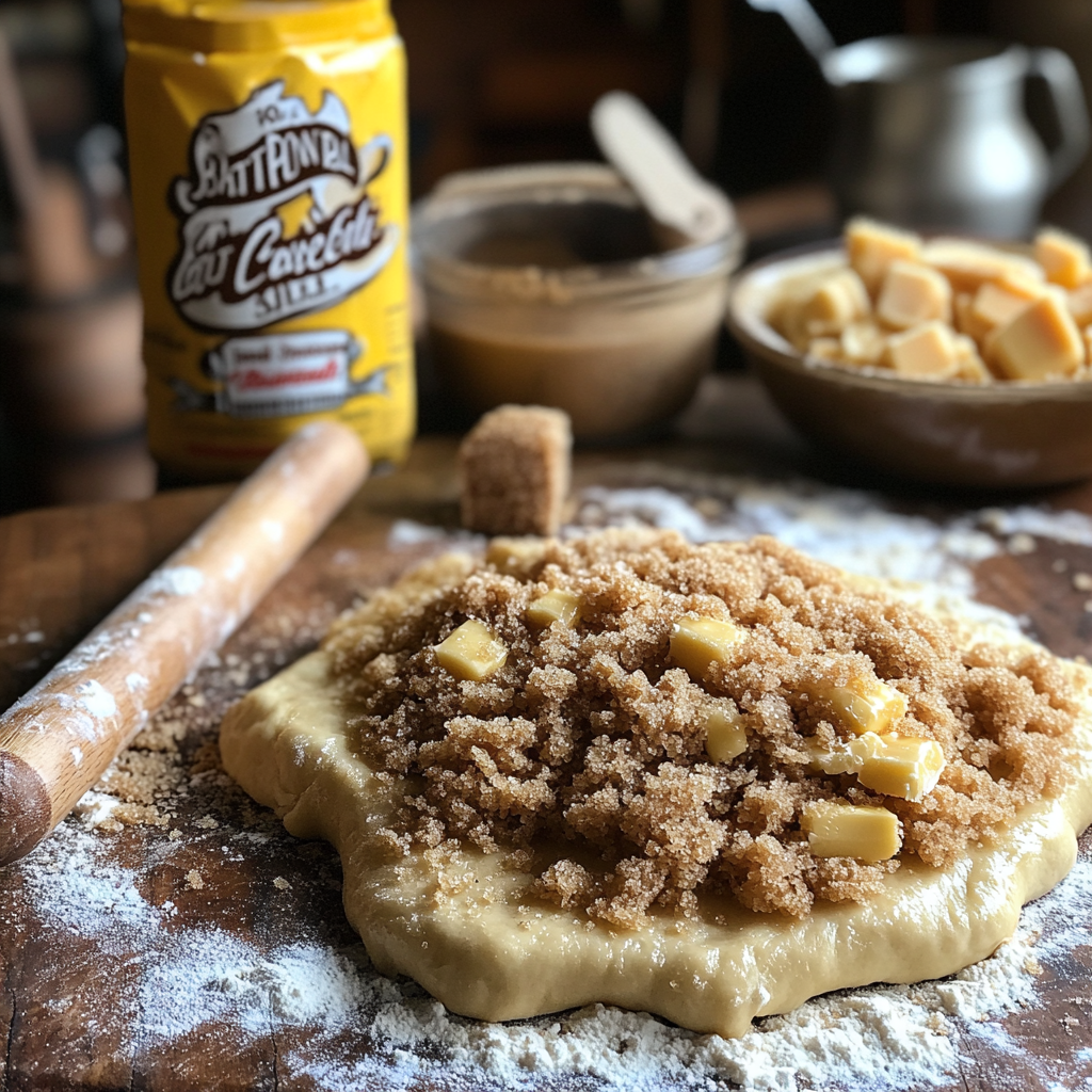 Rolled-out dough being prepared for Butterscotch Pudding Caramel Rolls, topped with butter, brown sugar, and cinnamon on a floured surface.