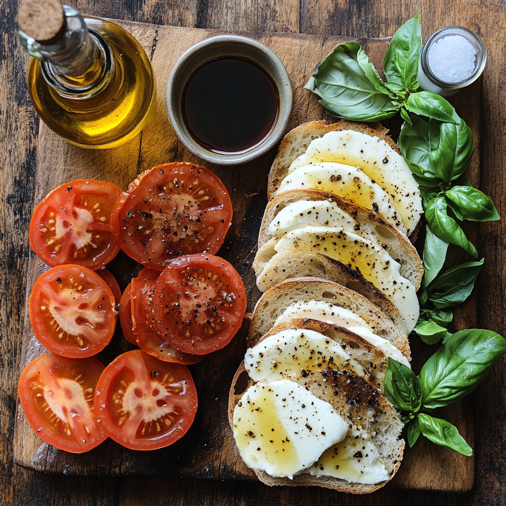 Fresh ingredients for Jason's Deli Caprese Panini on a wooden cutting board, including ciabatta bread, mozzarella, tomatoes, and basil.