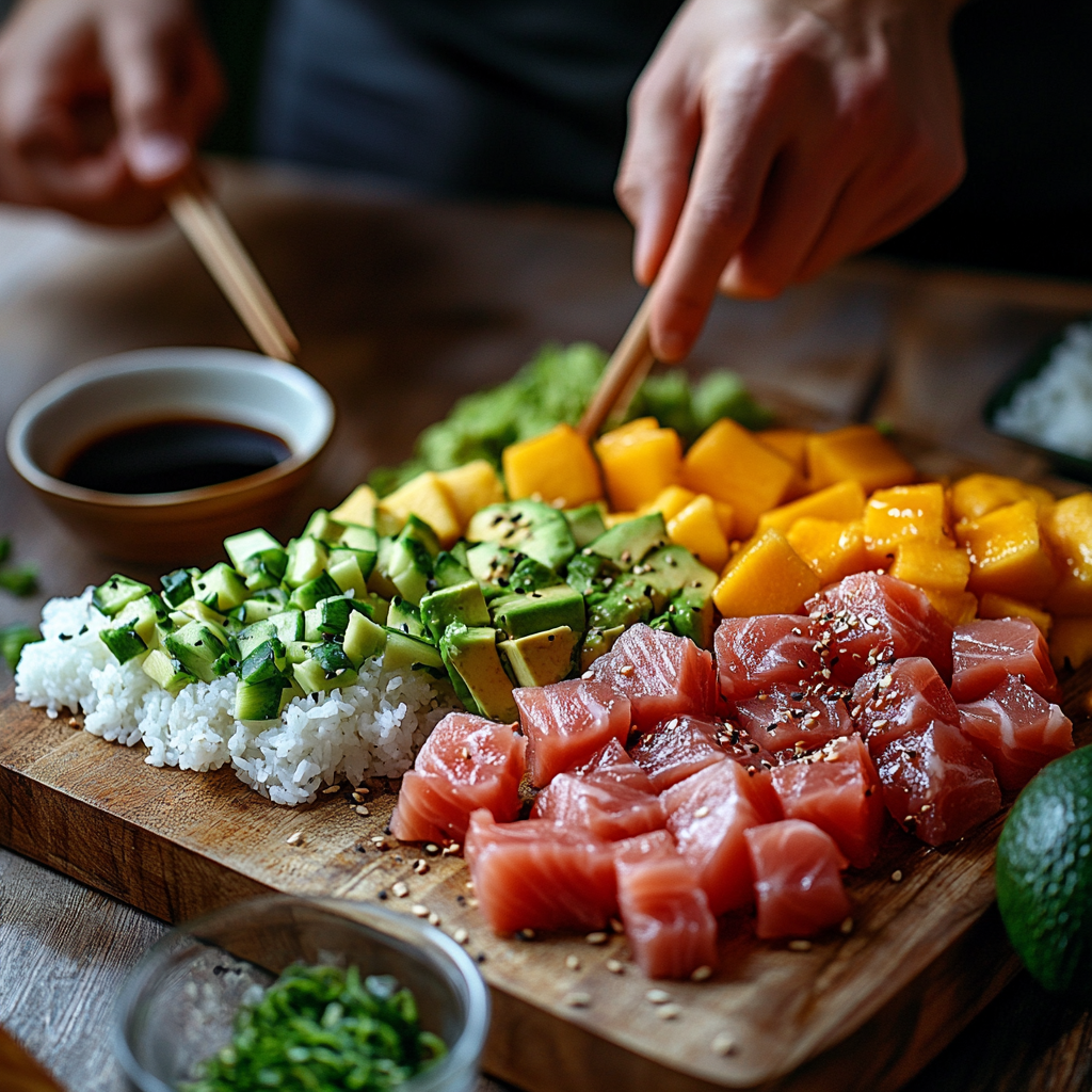 Home kitchen preparation of a poke sushi bowl, featuring cubed sushi-grade tuna and salmon, sliced avocado, diced mango, and sushi rice on a wooden cutting board. A step-by-step cooking process with fresh ingredients, ideal for making a homemade poke sushi bowl.