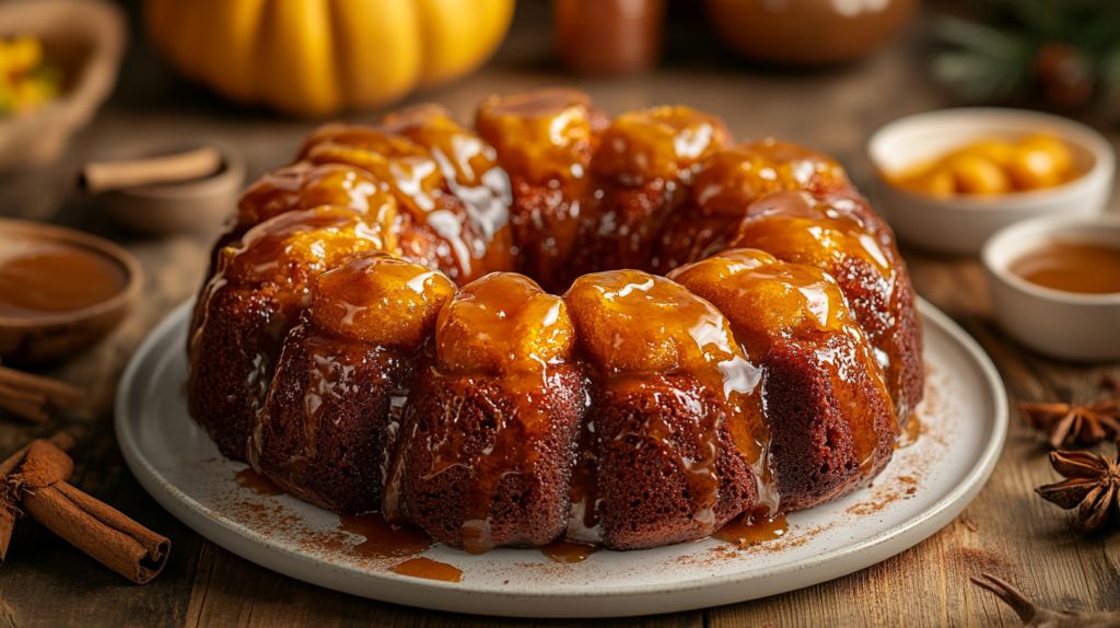 Freshly baked pumpkin monkey bread with a caramelized glaze, served on a white plate, surrounded by pumpkin and spices on a rustic table.