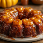 Freshly baked pumpkin monkey bread with a caramelized glaze, served on a white plate, surrounded by pumpkin and spices on a rustic table.