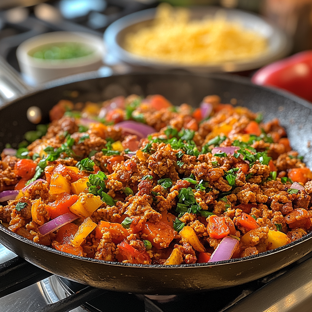 Skillet with sizzling chorizo, scrambled eggs, sautéed onions, and bell peppers, capturing the preparation process for chorizo breakfast burritos.