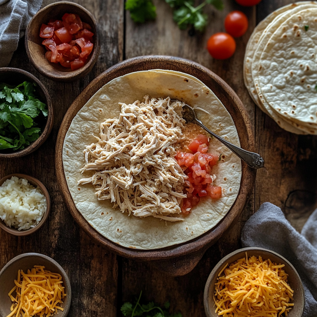 Preparation of ingredients for Taco Bell shredded chicken burrito, including shredded chicken, taco sauce, rice, cheese, and a flour tortilla, ready for assembly