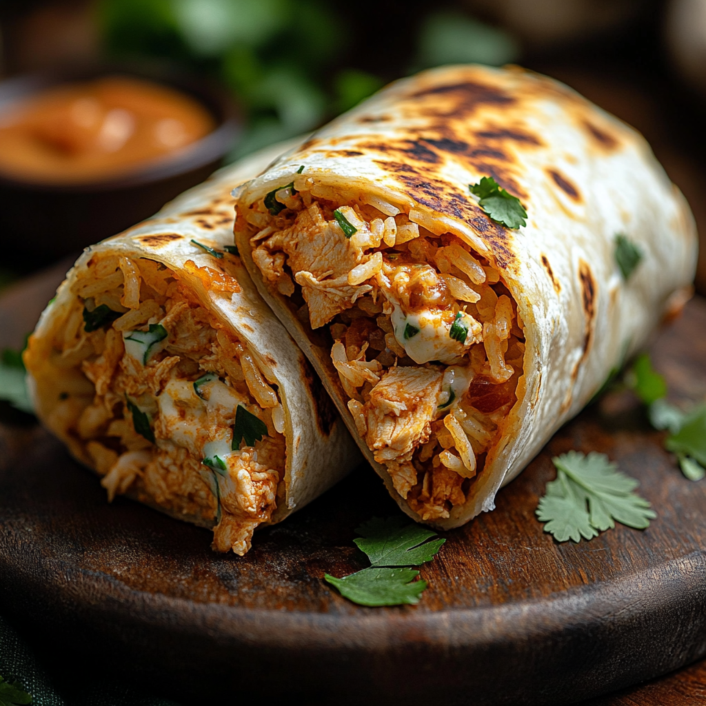 Final presentation of a homemade Taco Bell shredded chicken burrito cut in half, showcasing tender chicken, seasoned rice, cheese, and creamy sauce in a soft tortilla.