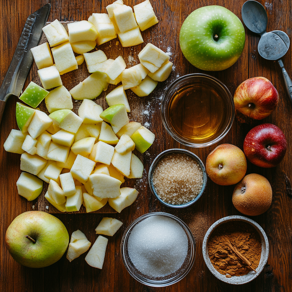 Ingredients for homemade apple pie filling including Granny Smith and Honeycrisp apples, sugar, cinnamon, nutmeg, and other key ingredients for apple pie filling recipe.