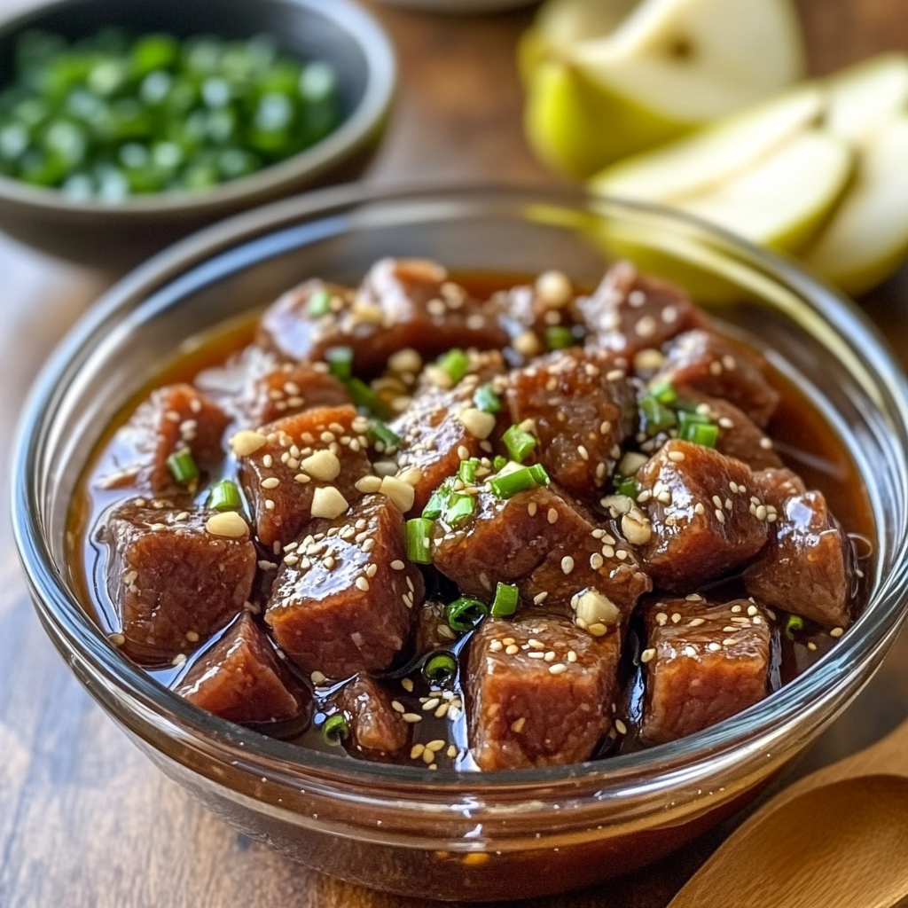 Thinly sliced beef marinating in a flavorful soy sauce, sesame oil, and garlic mixture for Korean BBQ beef bowls, with fresh ingredients like green onions and sesame seeds in the background.