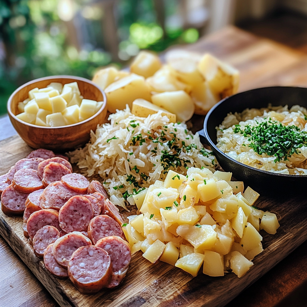 Ingredients for sauerkraut skillet including sliced sausage, diced potatoes, onions, garlic, and sauerkraut, arranged on a wooden cutting board next to a cast-iron skillet.