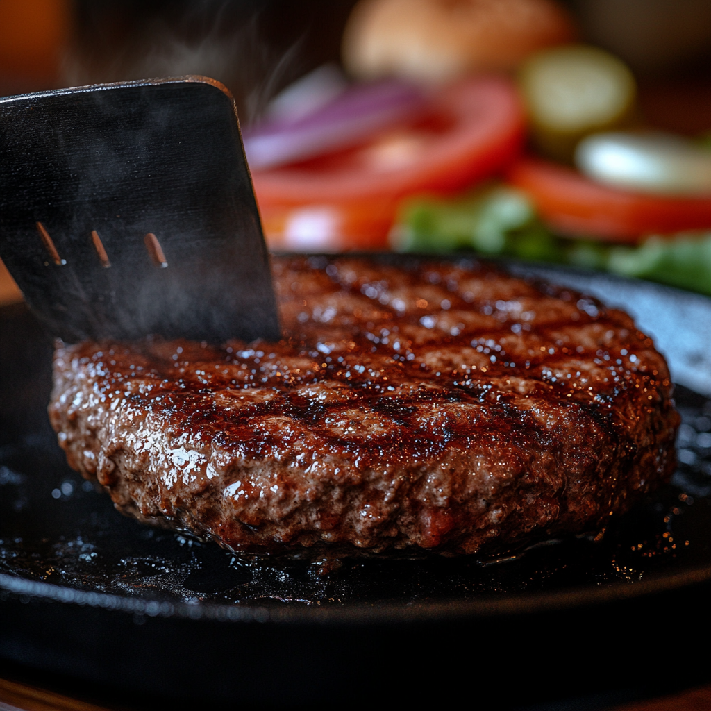 A Chili’s Big Smasher Burger patty being smashed onto a hot cast-iron skillet with a metal spatula, sizzling and forming a crispy crust, with fresh ingredients in the background.