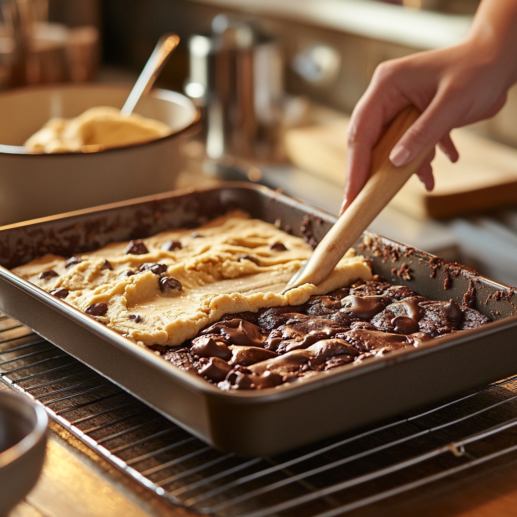 A baker spreading edible cookie dough over a batch of brownies in a baking pan, preparing homemade cookie dough brownies in a cozy kitchen setting.