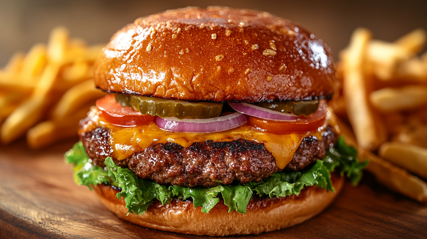 A freshly made Chili’s Big Smasher Burger with crispy smashed beef patties, melted cheese, lettuce, tomato, pickles, and onions on a buttered brioche bun, served with golden fries.