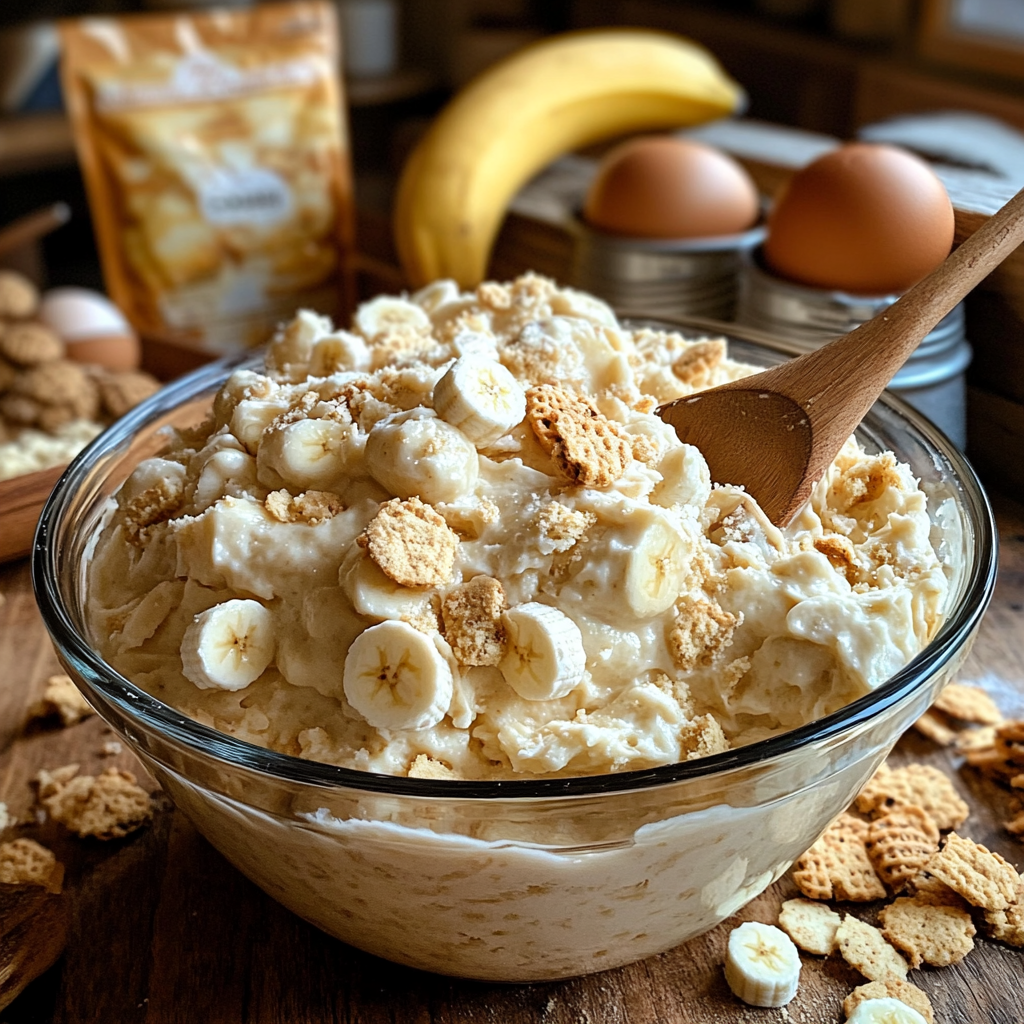  Banana pudding cookie dough in a mixing bowl with visible vanilla wafers and white chocolate chips, prepared in a home kitchen before baking.