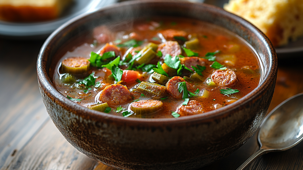 A hearty bowl of Cajun Okra Soup Easy with sliced okra, andouille sausage, and tomatoes in a rich, spicy broth, garnished with fresh parsley and served with cornbread.