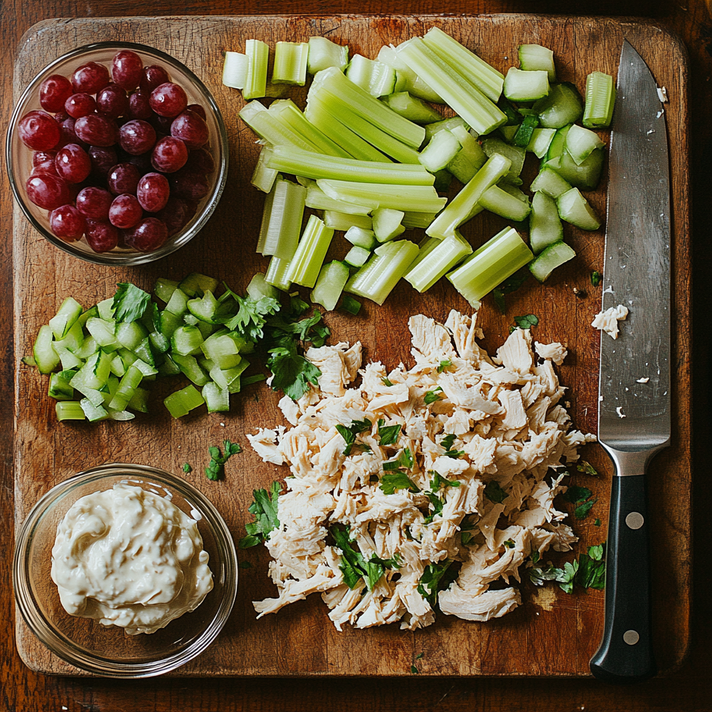 Fresh ingredients for Chicken Salad Chick being prepped on a wooden cutting board, including shredded chicken, diced celery, halved red grapes, and mayonnaise, ready to be mixed into a creamy chicken salad