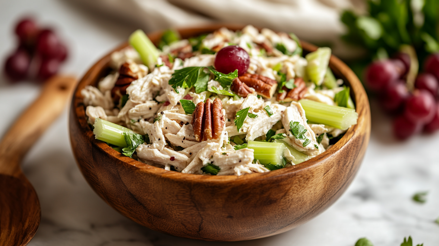 A homemade Chicken Salad Chick recipe served in a rustic wooden bowl, featuring creamy shredded chicken, celery, pecans, and red grapes. A fresh and delicious meal perfect for lunch or meal prep.