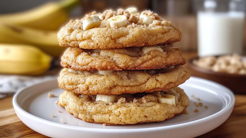 Freshly baked banana pudding cookies stacked on a white plate, showing a soft, chewy texture with crushed vanilla wafers and white chocolate chips.