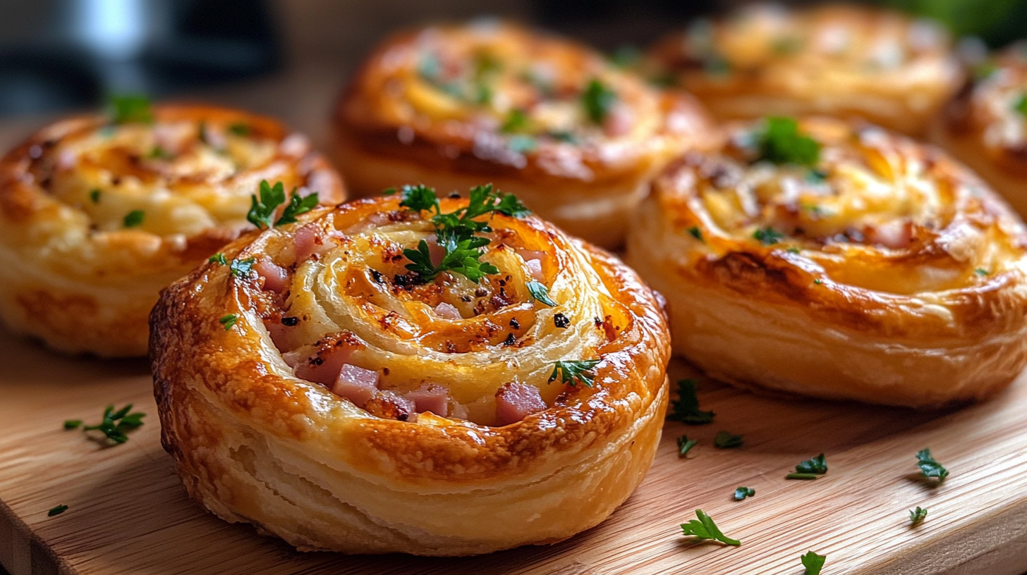 Freshly baked ham and cheese puff pastry pinwheels on a wooden board, golden brown and crispy, with melted cheese oozing slightly. A perfect homemade snack.