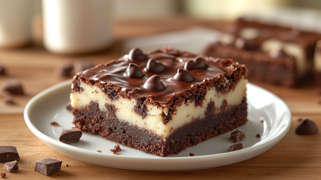 Freshly made cookie dough brownies with a fudgy brownie base, creamy cookie dough topping, and a drizzle of chocolate, served on a white plate.