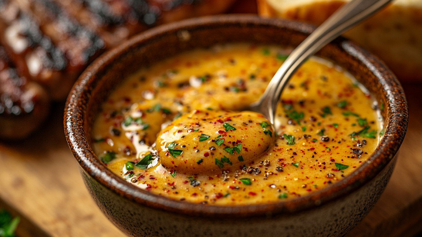 Freshly made cowboy butter seasoning in a rustic bowl, featuring melted butter infused with garlic, parsley, and smoked paprika, perfect for steaks and dipping.