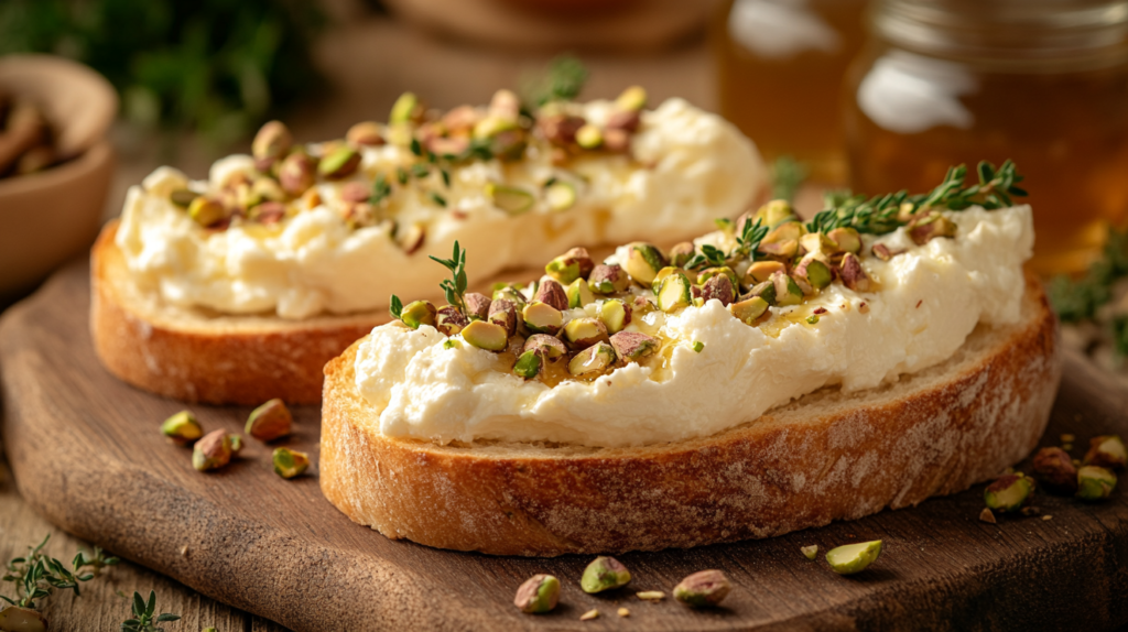 Freshly made goat cheese and pistachio bruschetta on a rustic wooden board, topped with creamy goat cheese, crushed pistachios, and honey drizzle.