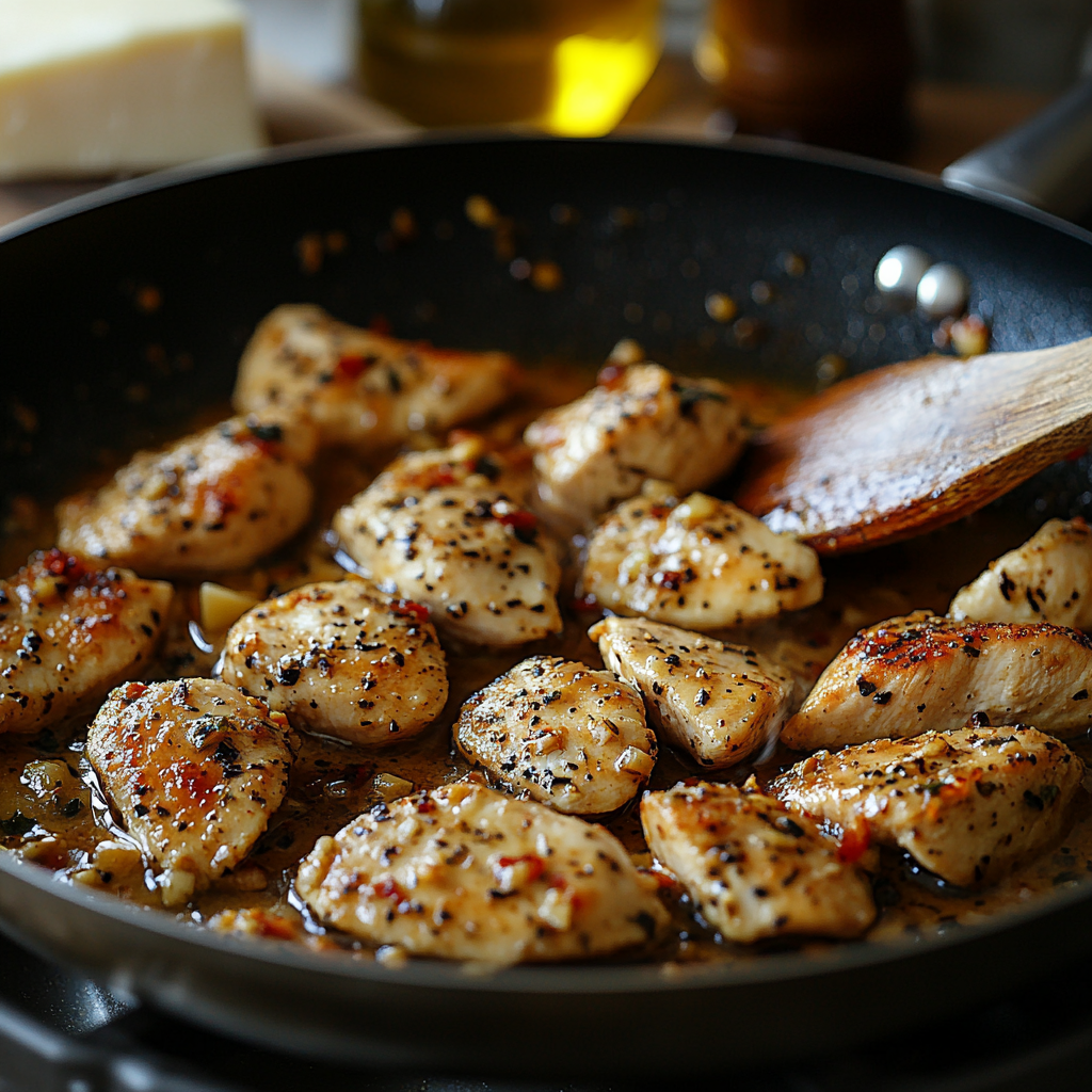 Golden-brown chicken sizzling in a pan with butter and garlic, being stirred with a wooden spoon, as part of the Garlic Parmesan Chicken Pasta preparation.