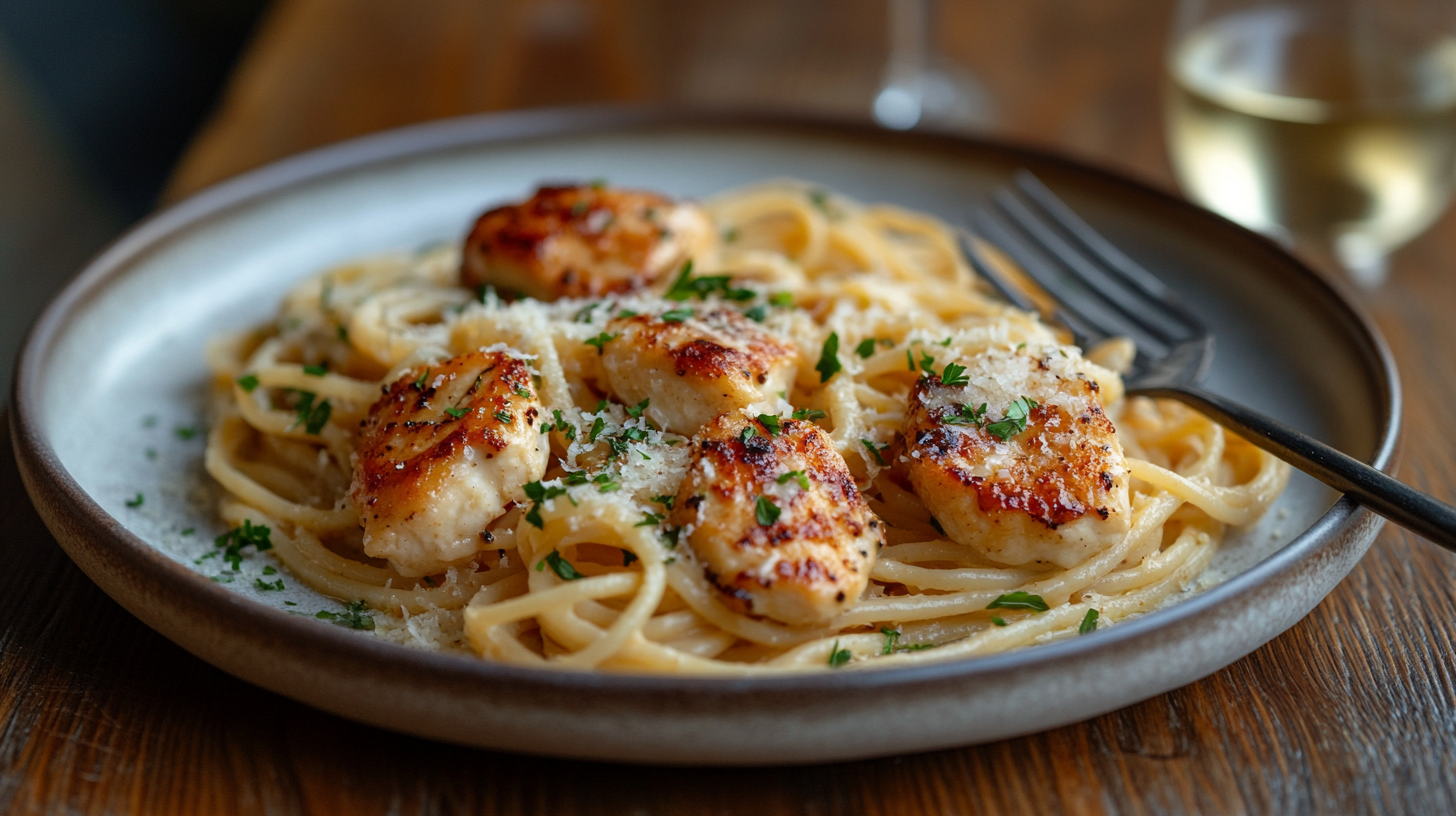 A creamy plate of Garlic Parmesan Chicken Pasta with golden-brown chicken slices, garnished with Parmesan and parsley, served on a rustic wooden table.