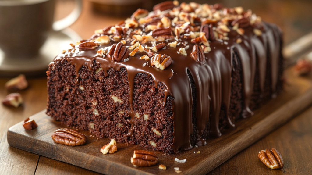 A freshly baked German Chocolate Pecan Pound Cake with coconut-pecan frosting and chopped pecans, placed on a rustic wooden counter with a slice cut out.