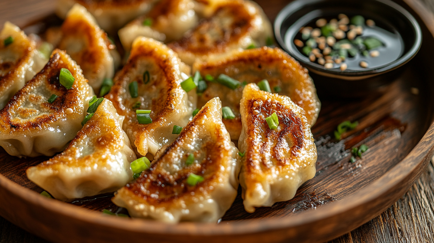 Golden-brown pan-fried Yuanbao Jiaozi dumplings served on a wooden plate with soy sauce, highlighting their crispy texture and traditional shape.