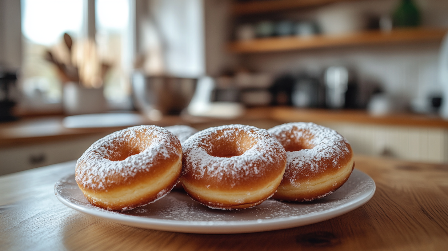 Freshly made Granny’s Donuts Recipe served on a plate, golden brown, fluffy, and dusted with powdered sugar, captured in a cozy homemade setting.