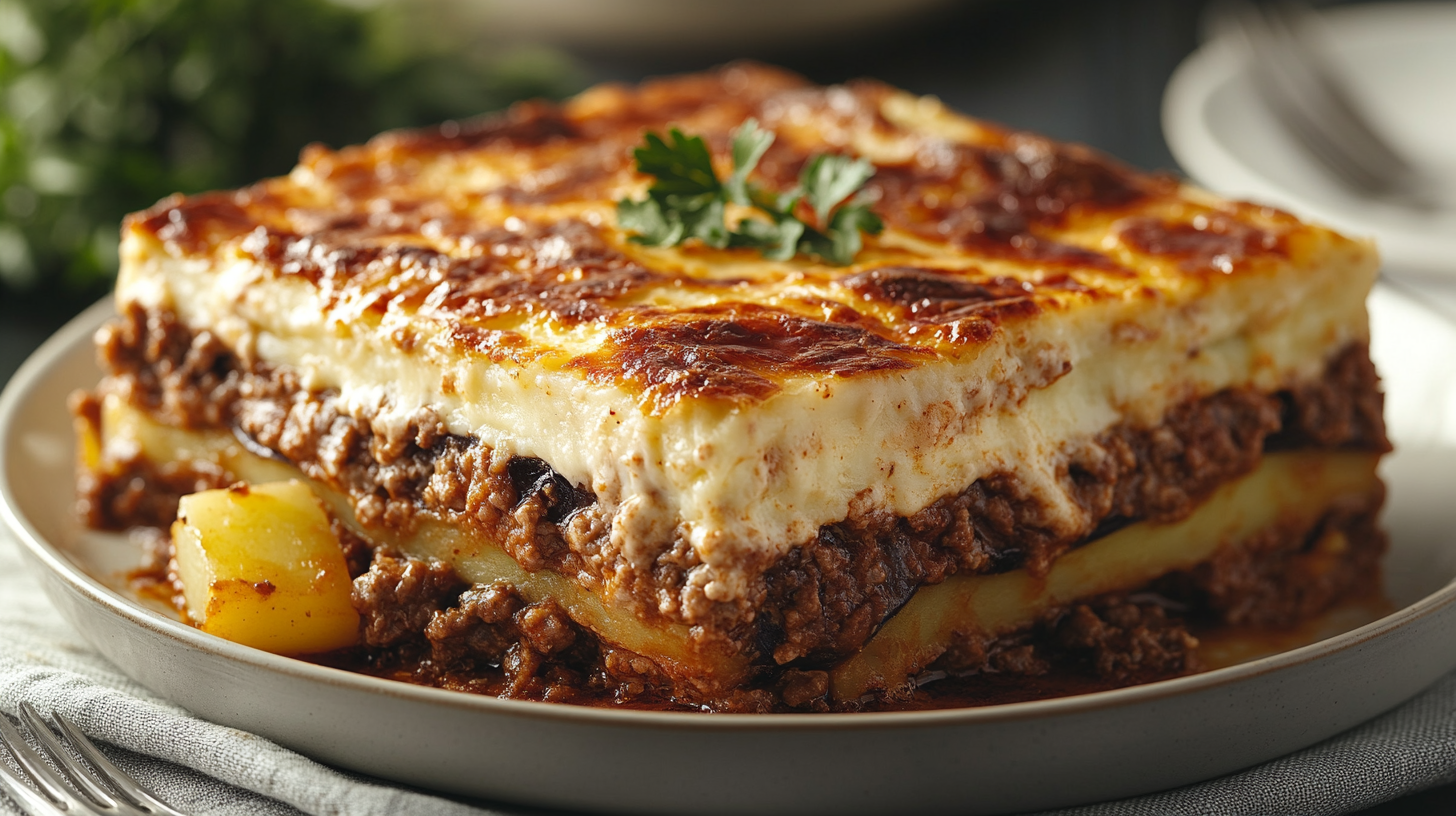 Freshly baked Greek moussaka with potatoes in a casserole dish, featuring layers of eggplant, potatoes, spiced meat, and golden béchamel sauce.