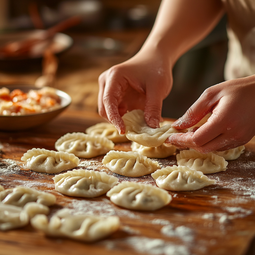 Hands folding homemade Yuanbao Jiaozi dumplings on a wooden countertop, showcasing the preparation process with dough circles and filling.