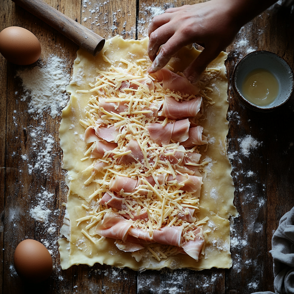 Hands rolling a puff pastry sheet layered with ham and cheese, preparing to slice pinwheels before baking. A step in making homemade ham and cheese puff pastry pinwheels.