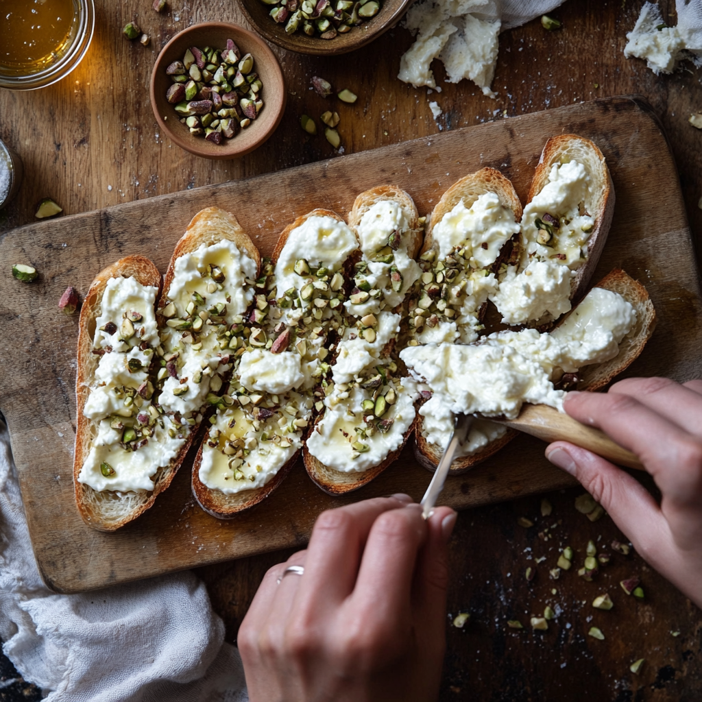 Hands spreading goat cheese on toasted baguette slices while preparing goat cheese and pistachio bruschetta, with crushed pistachios and honey nearby.