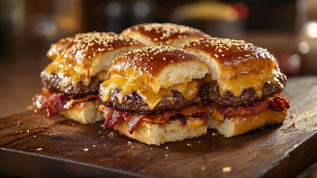 Freshly baked Hawaiian roll hamburger sliders with melted cheese, crispy bacon, and caramelized onions on a wooden board, brushed with garlic butter.