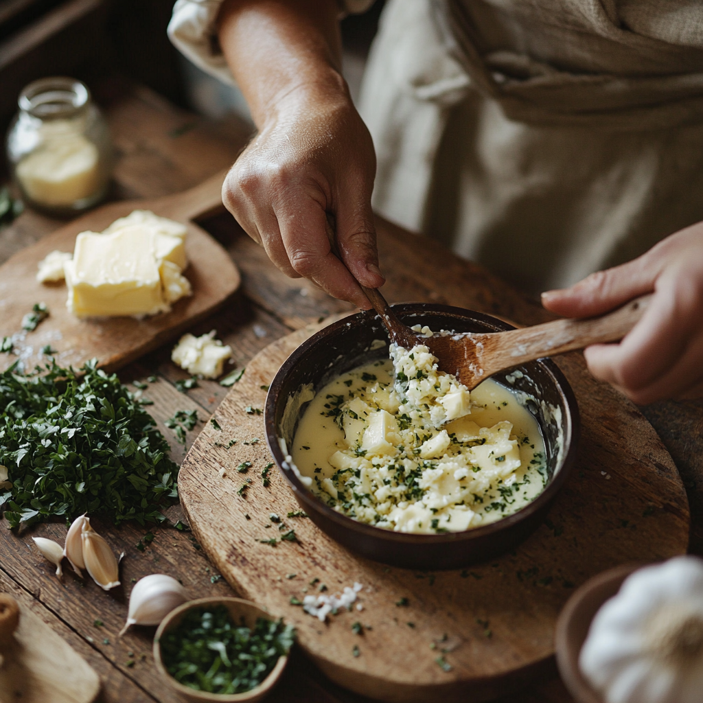 Homemade cowboy butter seasoning in preparation, showing melted butter, fresh herbs, and garlic being mixed in a cozy kitchen setting.