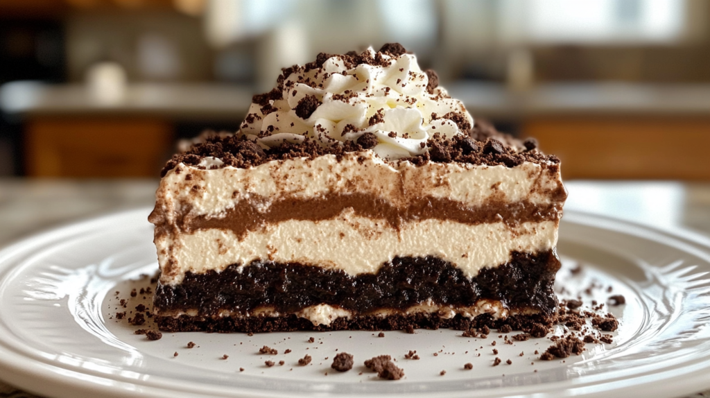 Final serving of Oreo lasagna featuring layers of Oreo crust, cream cheese filling, chocolate pudding, whipped cream, and crushed Oreo garnish, captured in a cozy home setting.