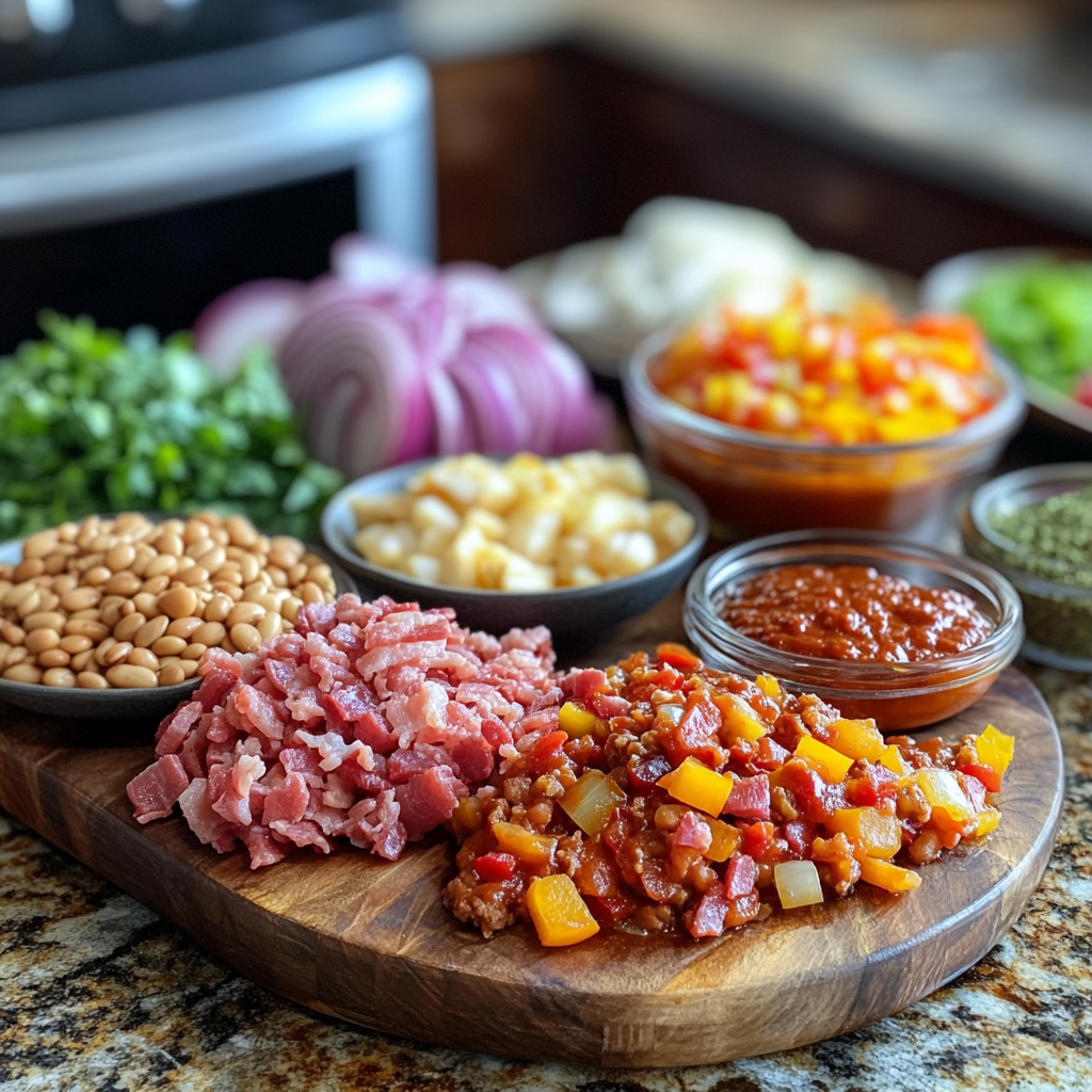 Fresh ingredients for slow cooker cowboy beans, including pinto, kidney, and Great Northern beans, chopped vegetables, ground beef, bacon, and a flavorful sauce mix, displayed on a kitchen countertop.