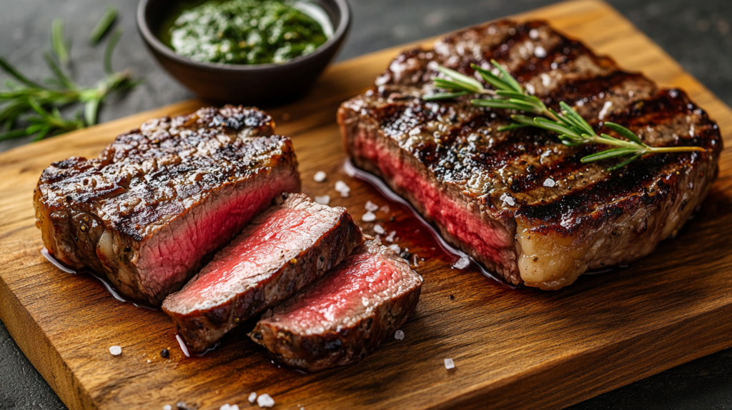 Ribeye vs ranch steaks sizzling in a cast-iron skillet with butter, garlic, and rosemary, capturing the home cooking process with a golden-brown sear.