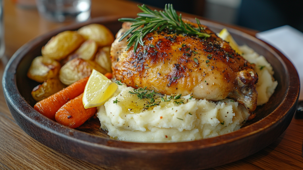 Delicious roasted Rhode Island Red Chicken with crispy golden skin, served with garlic mashed potatoes and roasted carrots on a rustic wooden plate.