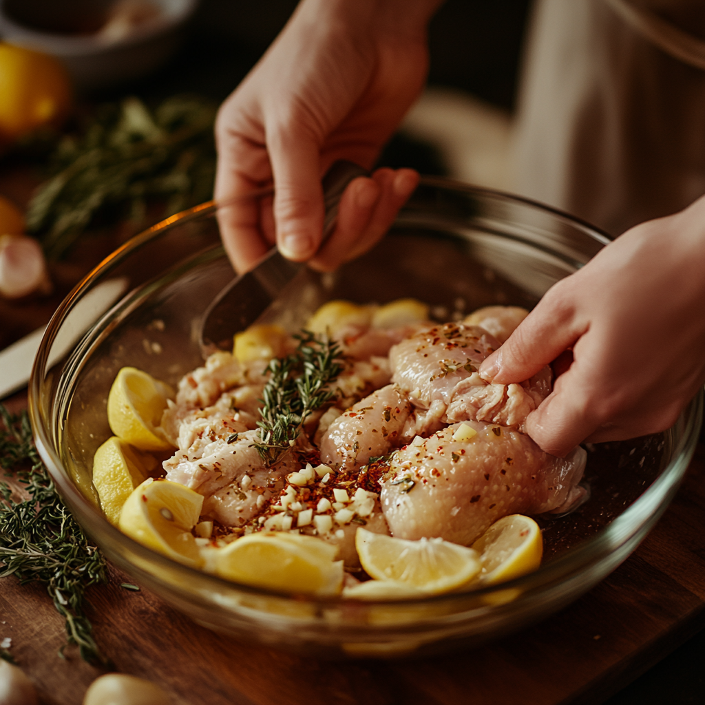 Hands marinating Rhode Island Red Chicken with olive oil, garlic, and herbs, preparing the chicken on a wooden cutting board for cooking.