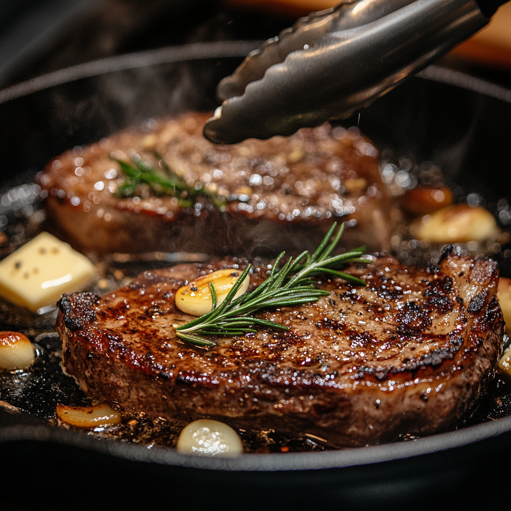 Perfectly cooked ribeye vs ranch steaks on a wooden cutting board, sliced to reveal textures, garnished with rosemary and served with chimichurri sauce.