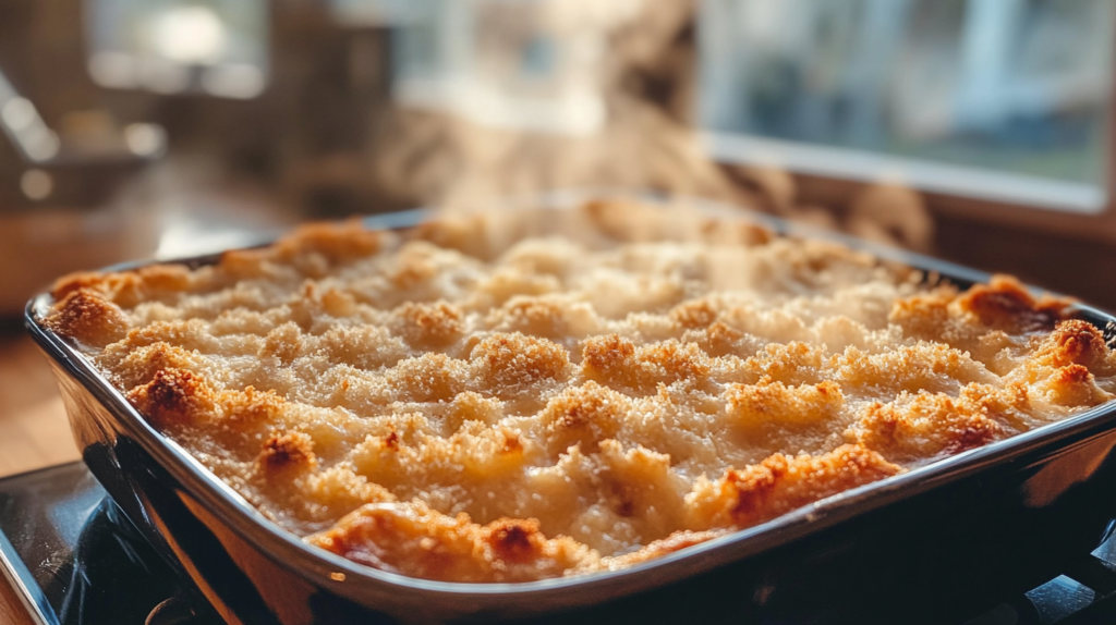 A fresh-out-of-the-oven Swiss chicken casserole with golden breadcrumbs and melted Swiss cheese, capturing the comforting essence of this classic dish.