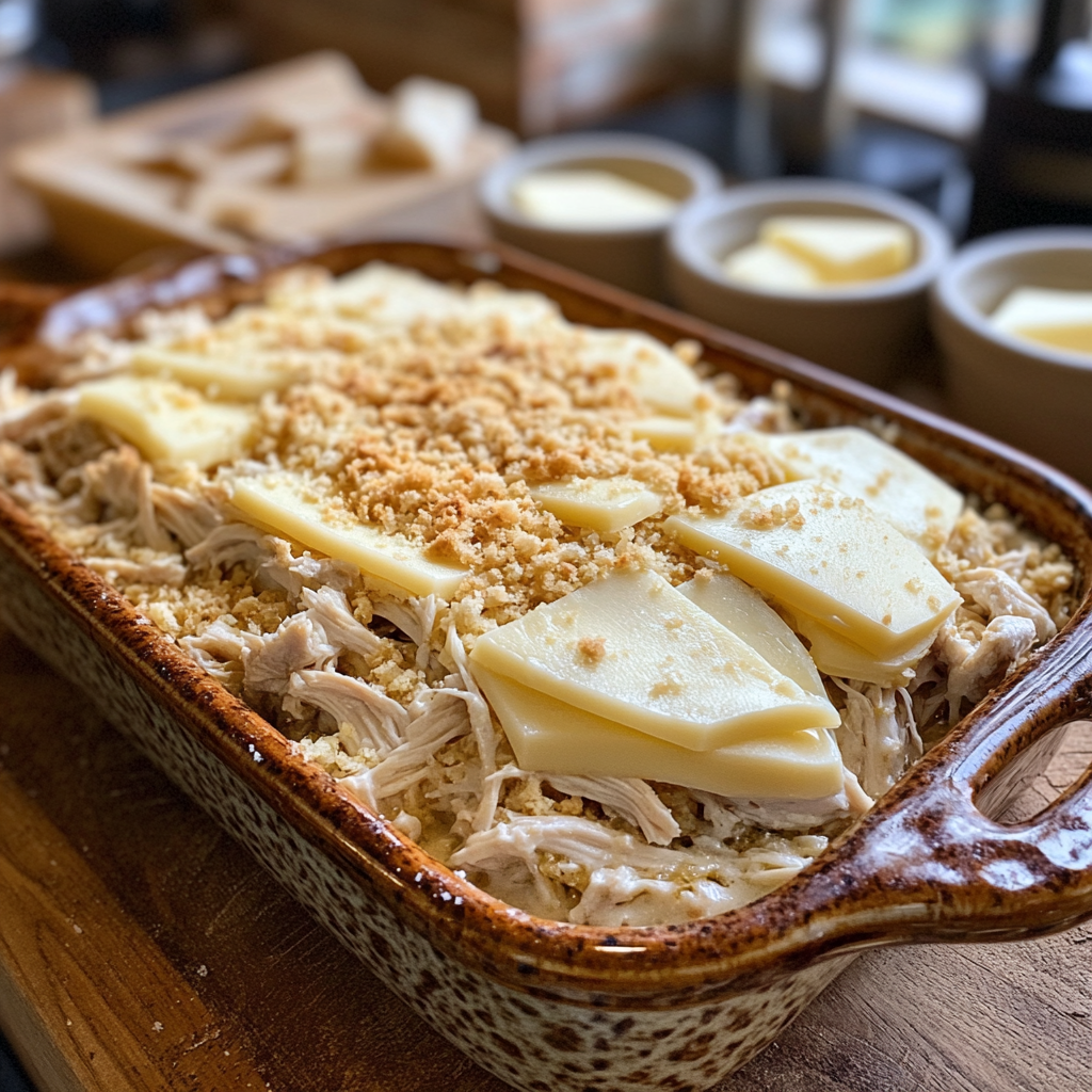 Step-by-step preparation of a Swiss chicken casserole in progress, with layers of chicken, Swiss cheese, and creamy sauce in a ceramic dish.