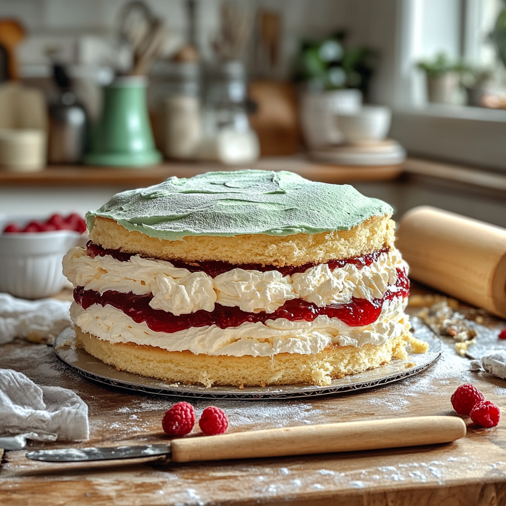 Homemade princess cake with green marzipan, a pink rose on top, and a slice revealing sponge cake, raspberry jam, vanilla custard, and whipped cream