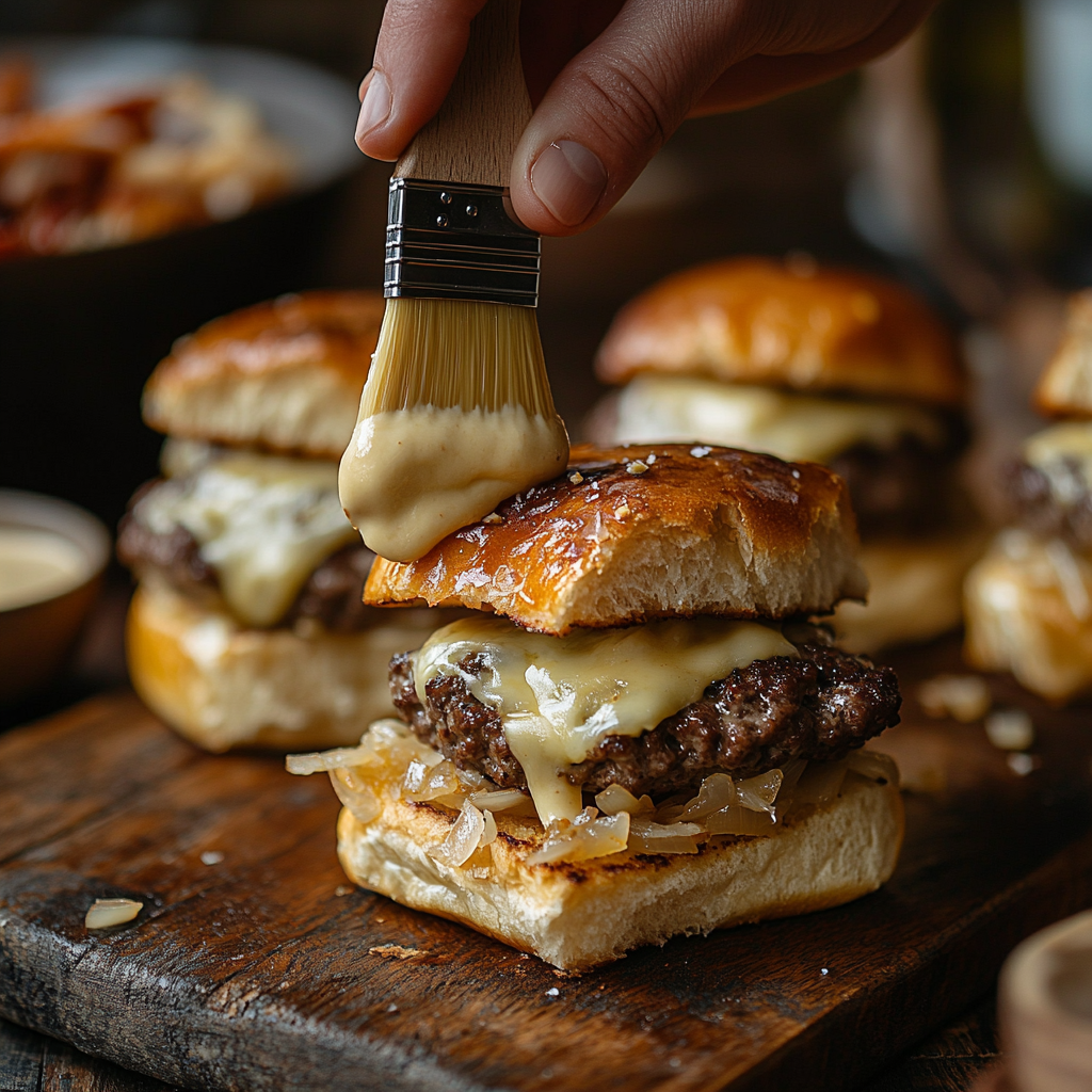 Hands assembling Hawaiian roll hamburger sliders, layering juicy beef patties, melted cheddar, and buttered rolls on a rustic kitchen counter.