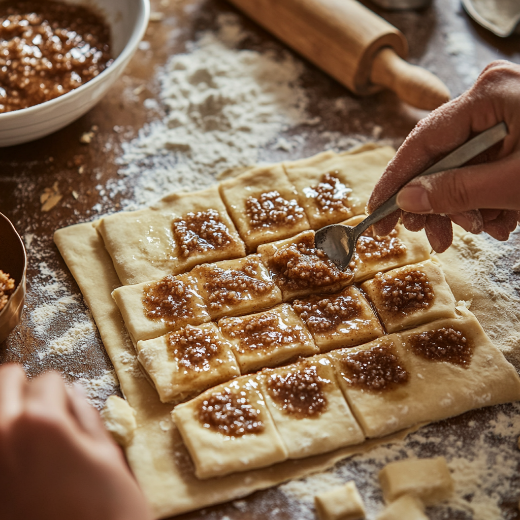  Hands assembling homemade Cinnamon Roll Pop-Tarts, spreading cinnamon-sugar filling on dough with a fork nearby for sealing.