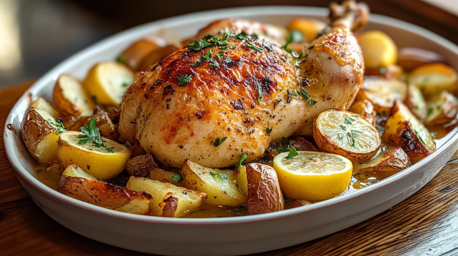 Freshly baked Greek lemon chicken with golden crispy skin, roasted potatoes, and garnished with parsley, served on a rustic dining table.