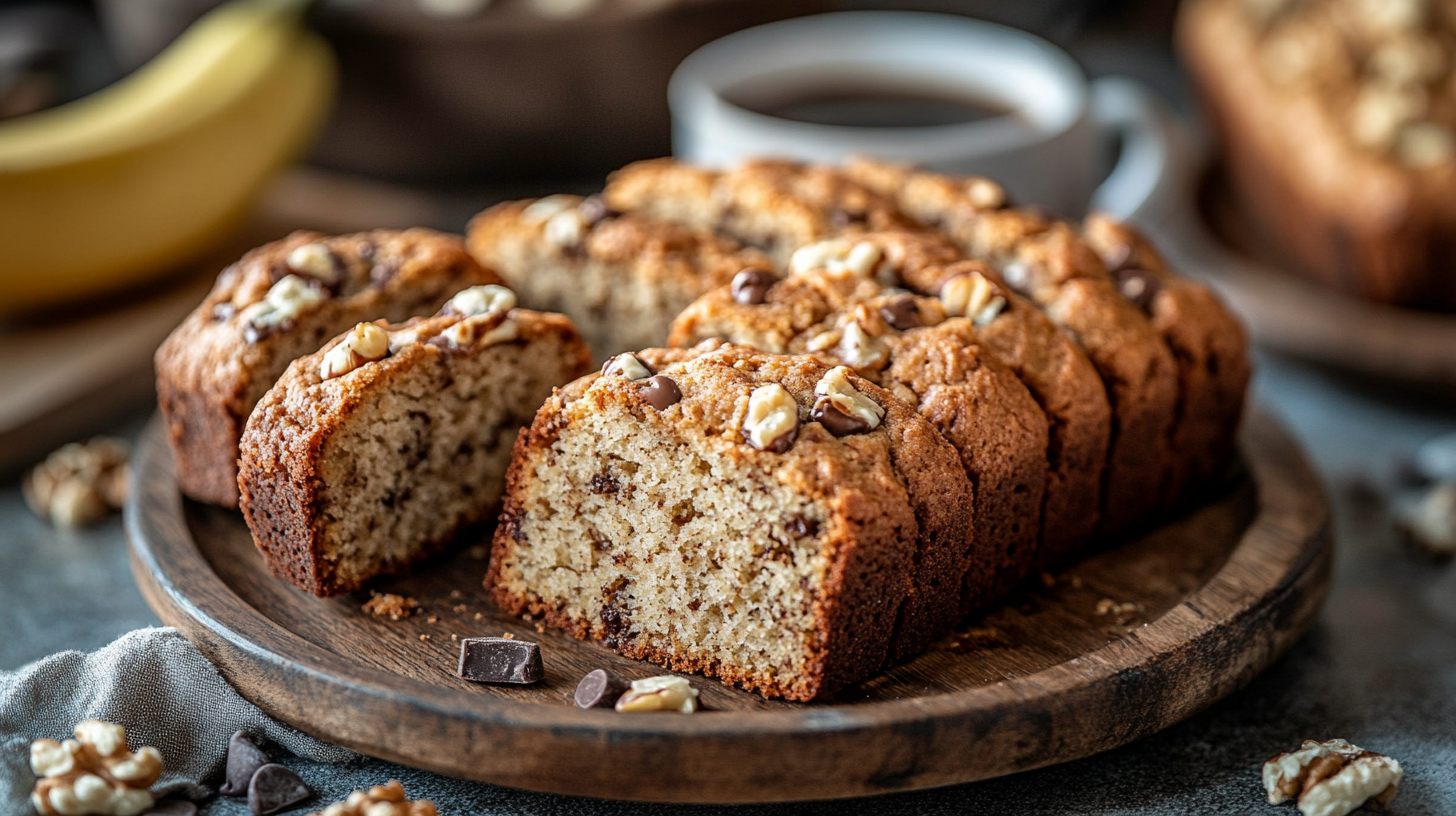 Freshly baked banana bread cookies with golden-brown edges and a soft, moist center, served on a rustic wooden plate with chocolate chips and nuts.