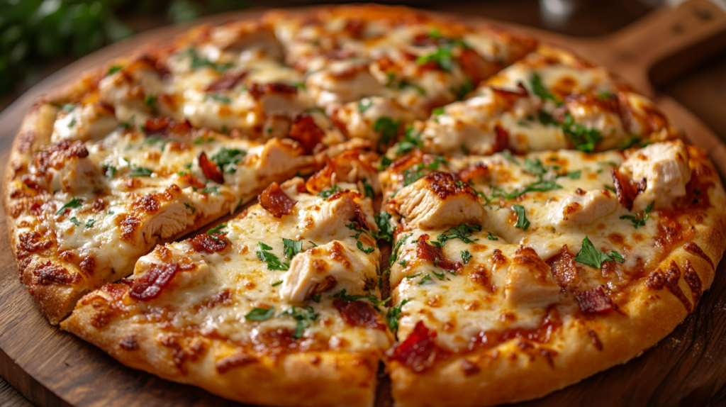 Freshly baked chicken bacon ranch pizza with melted cheese, crispy bacon, and juicy chicken on a golden crust, perfect for dinner.