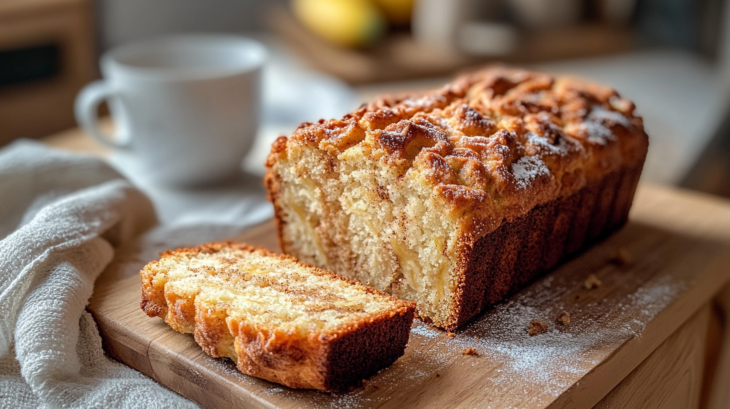 Freshly baked cinnamon crunch banana bread with a golden-brown crispy topping, partially sliced to reveal its moist texture, placed on a wooden cutting board.